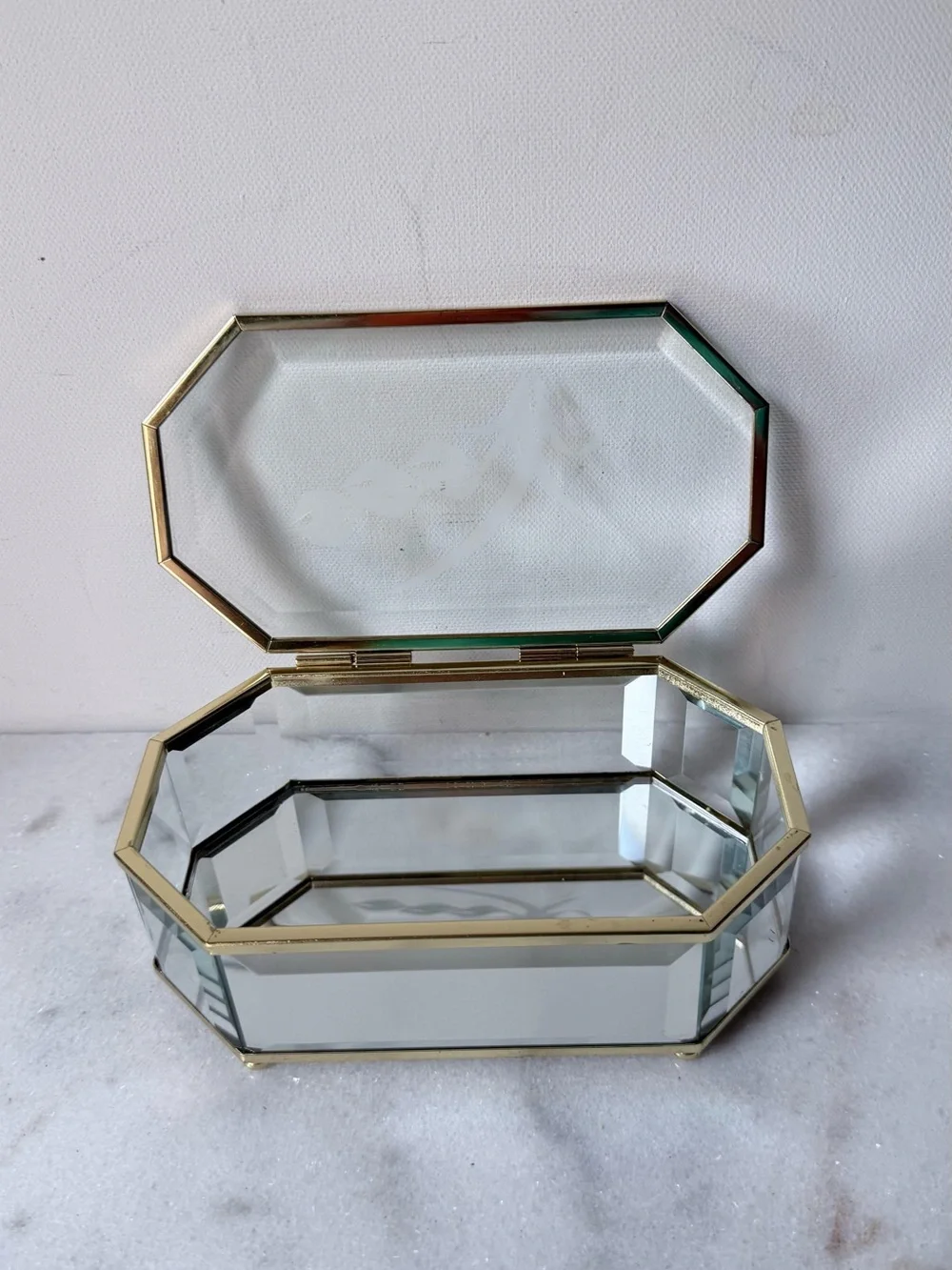 Glass and Brass Display Jewelry Case - Gold Finish, vintage